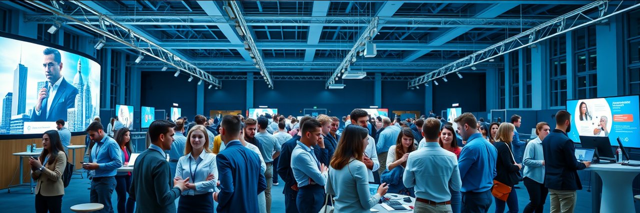 Diverse professionals networking at an online marketing event in a modern conference hall.