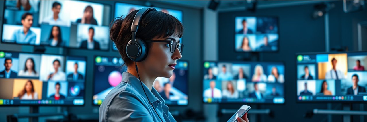 Focused woman hosts an online marketing virtual event in a modern digital workspace.