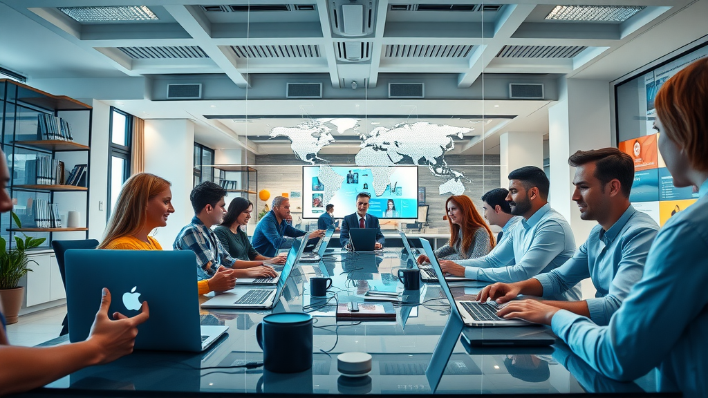 Online marketing virtual event with diverse marketers collaborating remotely